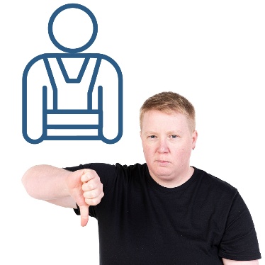 An icon of a person wearing a harness. Below is a person giving a thumbs down.