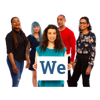 A group of people. There is a person in front holding a sign that says 'We'.