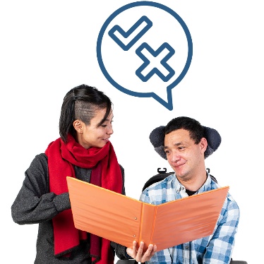 2 people looking at a document. One has a speech bubble showing a tick and a cross.