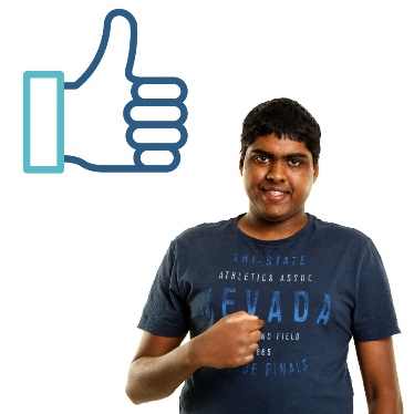 A thumbs up next to a person pointing to themself and smiling.