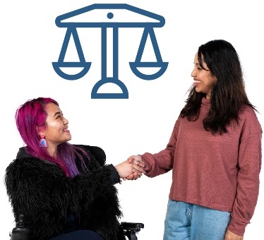 2 people shaking hands below a rights icon which is a set of scales.