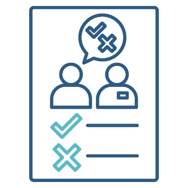 A document showing a person talking to support worker above a tick and a cross. The person has a speech bubble showing a tick and a cross.