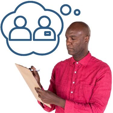 A support worker writing on a clipboard. They have a thought bubble showing a person supporting someone.