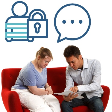 2 people looking at a document, one has a speech bubble. Above is a restrictive practices icon.