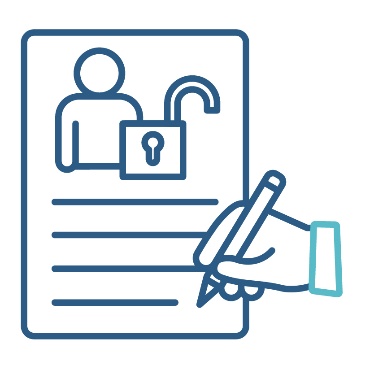Someone writing on a document showing a person next to an open lock.