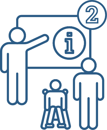 A person presenting to a person with disability and their family member. They are pointing at a screen with an information icon on it. Next to them is the number '2'.