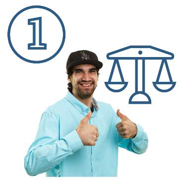 The number '1' next to a justice scales icon and a person holding 2 thumbs up.
