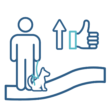 A person with a dog standing on a hill. Next to them is a thumbs up icon with an arrow pointing up.
