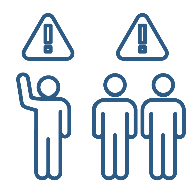 A person raising a hand with a problem icon above them. They are next to 2 people next to each other with a problem icon above them.
