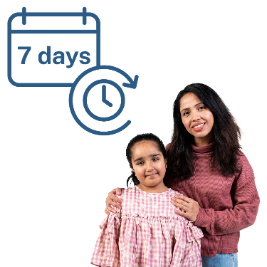 A person supporting someone else. Above them is a calendar with '7 days' written on it and a clock with an arrow curved around it.