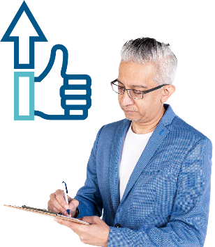 A person writing on a clipboard and a thumbs up icon with an arrow pointing up.