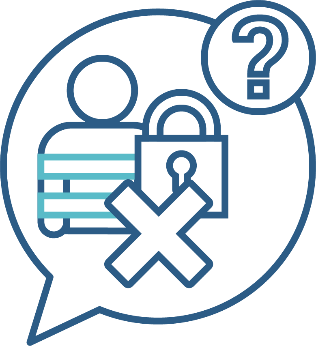 A speech bubble with a question mark next to it. Inside of the question mark is a restrictive practices icon with a cross over it.