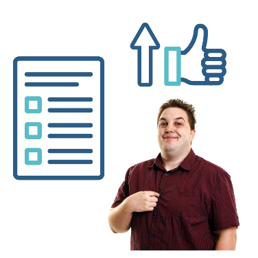 A behaviour support plan document, a person pointing at themselves and a thumbs up with an arrow pointing up.
