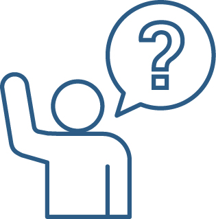 A question mark in a speech bubble above a person raising their hand.
