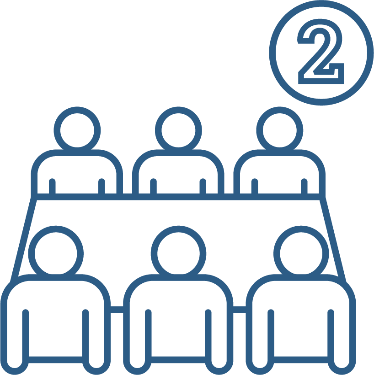 A group of people sitting at a table. Above them is the number '2' in a bubble.