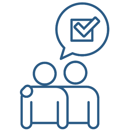 A person supporting someone else. The person being supported has a speech bubble with a ticked checkbox in it.