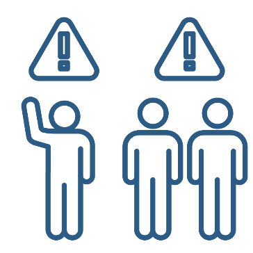 A person with their hand raised and a problem icon above them. Next to them is a group of people with a problem icon above them.