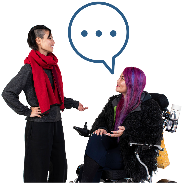 A person with disability having a conversation with another person. They have a speech bubble with 3 dots in it.