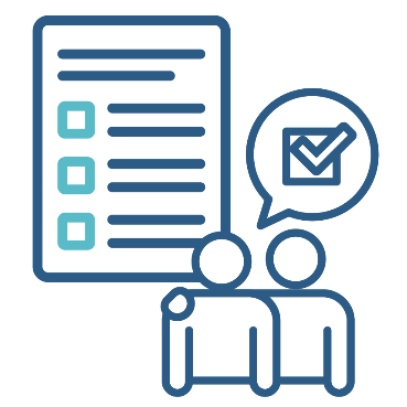 A plan document with a person supporting someone else next to it. The person being supported has a speech bubble with a ticked checkbox in it.