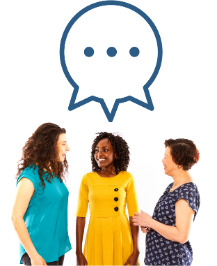 A group of 3 people talking, above them is a speech bubble with three points.