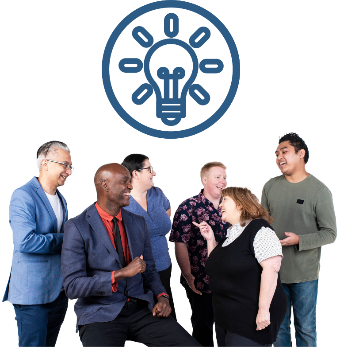A group of people smiling and talking, above them is a lightbulb. 