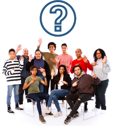 A large group of people pointing at themselves with their hand raised. Above them is a question mark. 