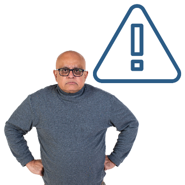 A person looking concerned with their hands on their hips. Next to them is a problem icon.