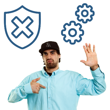 A person raising their hand and pointing at themselves. Above them is a safety icon with a cross on it and a training icon.