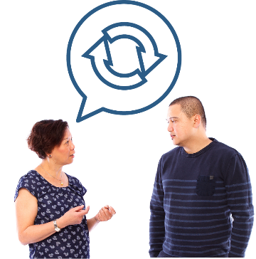 A provider and a person having a conversation. Above the provider is a change icon in a speech bubble.