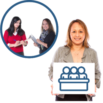 An external practitioner and a provider writing on documents together. Next to them is the provider holding a sign with a Quality Assurance Panel icon on it.