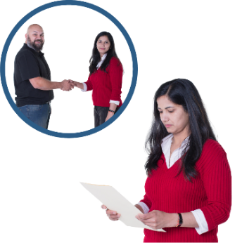 An external practitioner and a person shaking hands. Next to them is the external practitioner looking at a document.