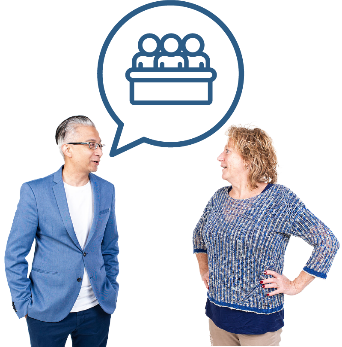 A provider and an external practitioner having a conversation. Above the provider is a Quality Assurance Panel icon in a speech bubble.