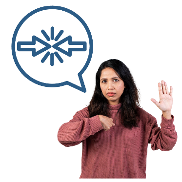 A conflict of interest icon in a speech bubble above a person raising their hand.