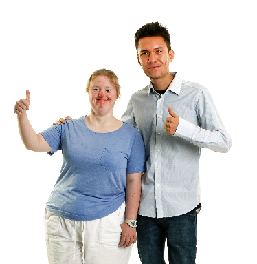 A carer supporting a person. They are both giving a thumbs up.