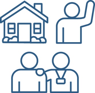 A house, a person raising their hand and a provider supporting a person.