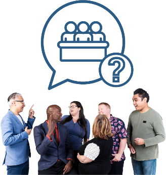 A group of practitioners having a conversation. Above them is a speech bubble with a Quality Assurance Panel icon and a question mark in it.