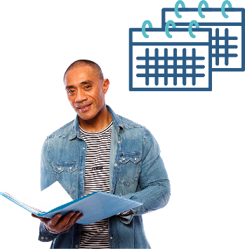 A practioner holding a document next to a stack of calendars.