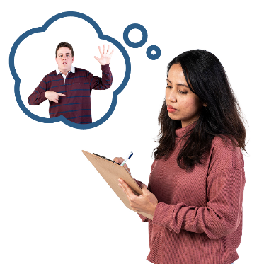  A person with a thought bubble writing on a clipboard. Inside of the thought bubble is a person pointing at themselves.