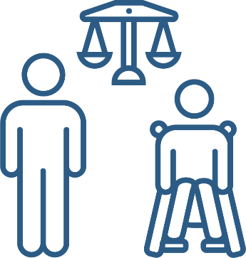 A person standing, and a person sitting in a wheelchair. Above them is a justice scales icon.