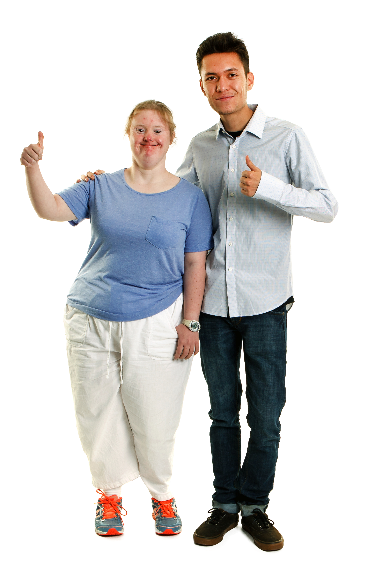 2 people standing next to each other. The left person is pointing up. The right person has their thumbs up.