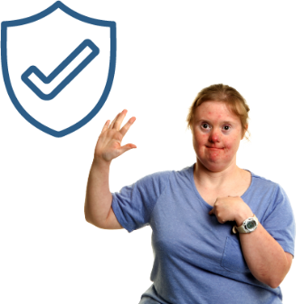 A person pointing at themselves, and a shield with a tick icon.