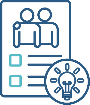 A document with a support icon, and a lightbulb icon. The support icon is of a person with their hand on another person's shoulder.