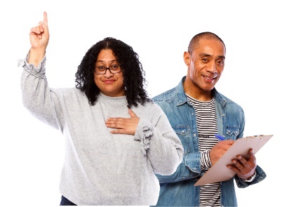 A person pointing up and a hand on their chest. Another person writing on a clipboard.