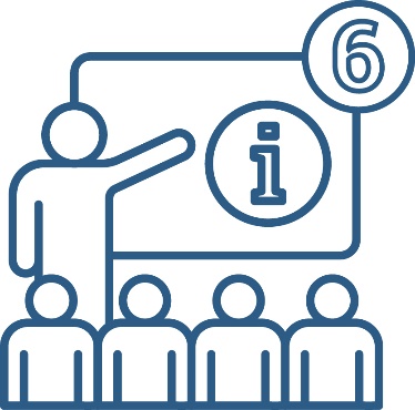 The number '6' above a person giving a presentation to a group of people. They are pointing at a screen with an information icon on it.