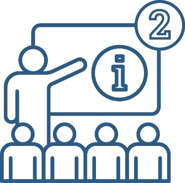 The number '2' above a person giving a presentation to a group of people. They are pointing at a screen with an information icon on it.