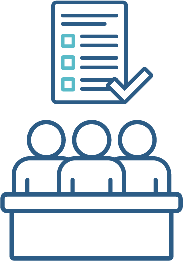 A behaviour support plan document with a tick above a Quality Assurance Panel icon. The icon is of a group of people behind a bench.