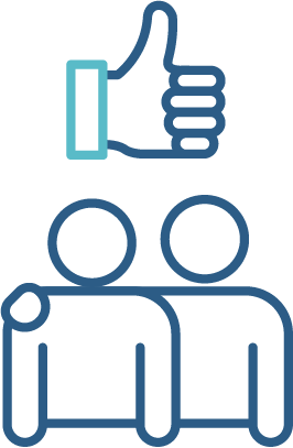 A positive behaviour support icon. The icon is of a thumbs up and a person supporting a person with disability.