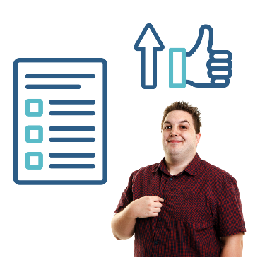 A behaviour support plan document next to a person with disability pointing at themselves and a thumbs up with an arrow pointing up.