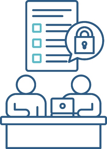 A behaviour support plan document with a lock inside a speech bubble next to it. Below it are a behaviour support practitioner and a person using a laptop together.