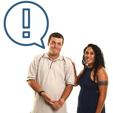 A practitioner supporting a person with disability. Above the person is an importance icon inside a speech bubble.